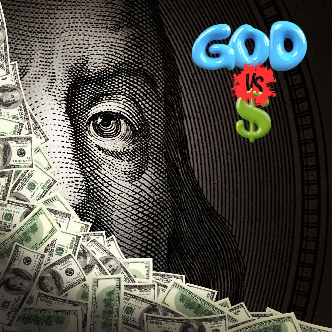 Illustration of Luke 16:13 with a split image showing symbols of faith and money. The graphic highlights the verse's message about choosing between serving God and money