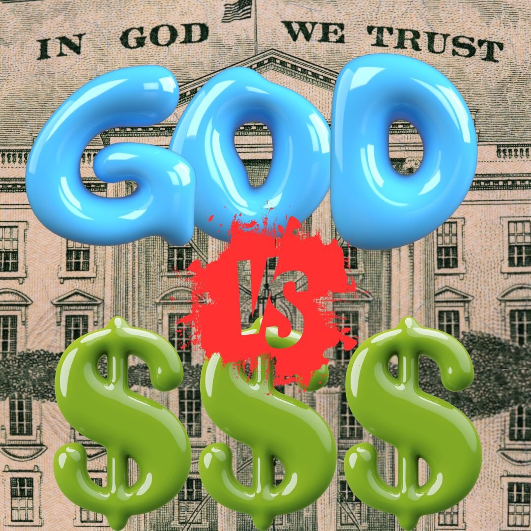 Illustration of Luke 16:13 with a split image showing symbols of faith and money. The graphic highlights the verse's message about choosing between serving God and money