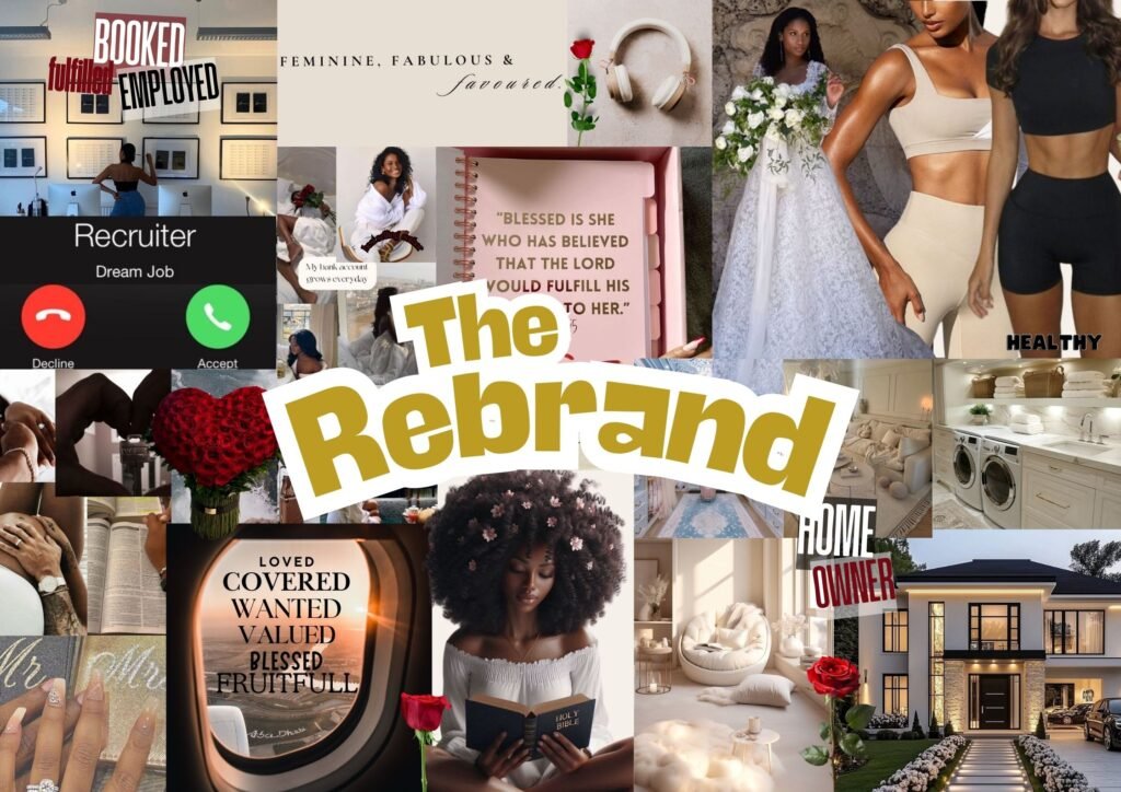 Renee Bhagwandeen’s vision board representing her rebranding journey, filled with inspirational goals, dreams, and affirmations for personal and spiritual growth.