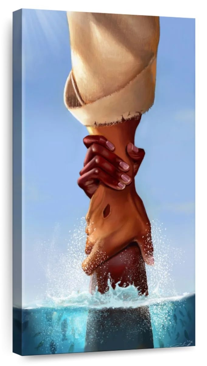 Illustration of Jesus reaching out His hand to lift a drowning person from the water, symbolizing deliverance, rescue, and finding freedom in Christ.