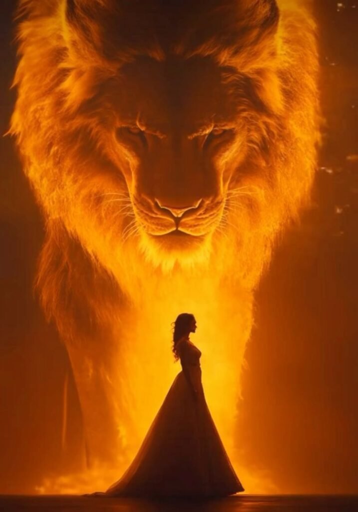 Young woman standing while a roaring lion, symbolizing the devil, watches her closely, representing spiritual warfare and the warning from 1 Peter 5:8 to stay alert against the enemy.